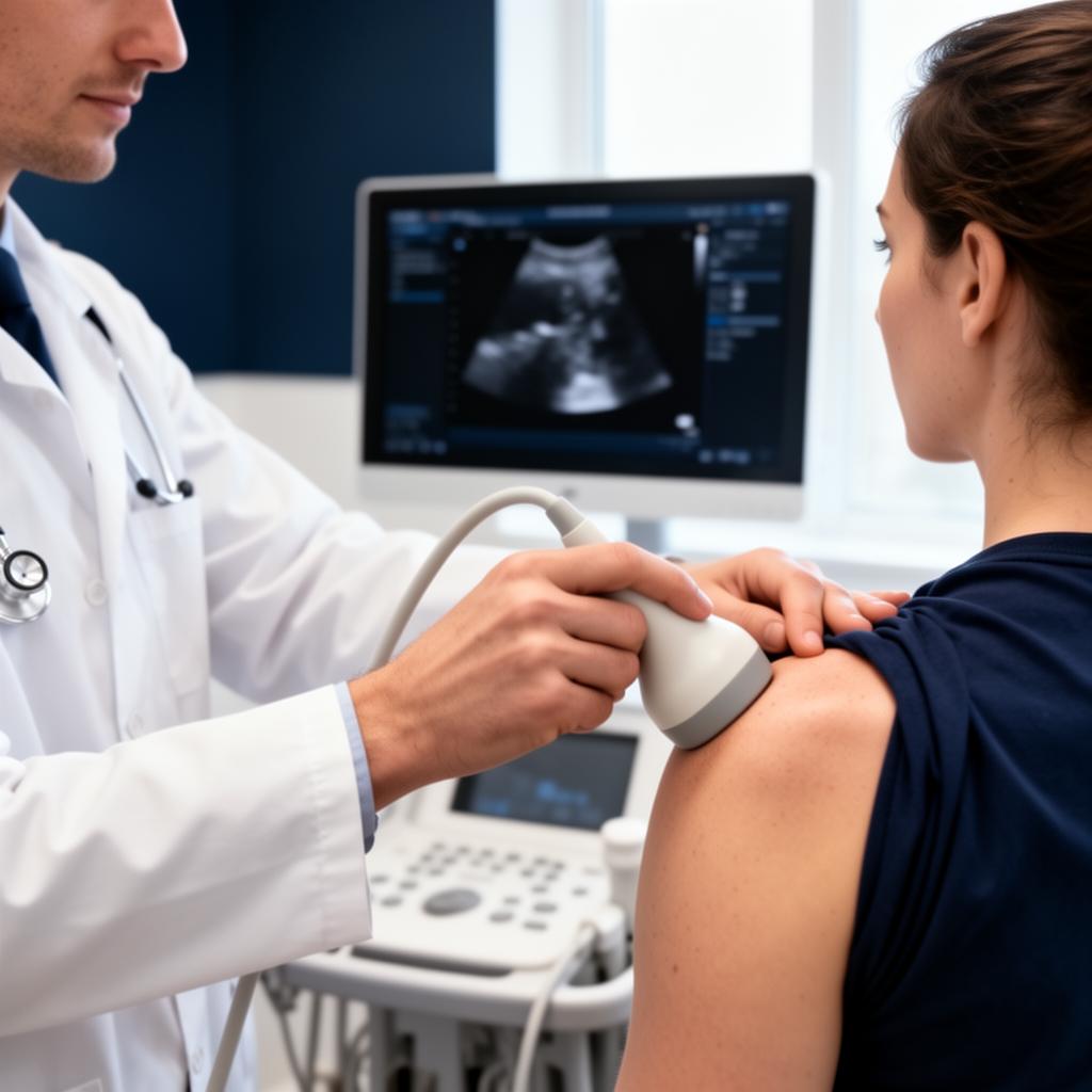 Doctor performing musculoskeletal ultrasound on a patient's shoulder