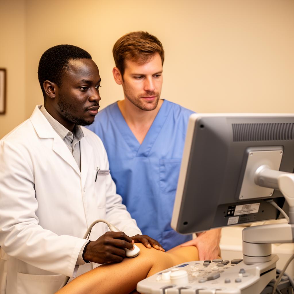 Doctor and physiotherapist reviewing ultrasound findings together